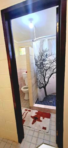 a bathroom with a shower with a tree in it at Talanoa Fales Accommodation in Apia