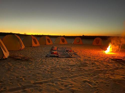 a row of tents on a beach at sunset at مخيم همسات الصحراء in Siwa