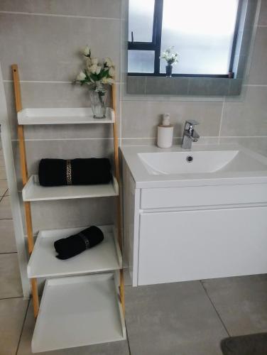a bathroom with a sink and a mirror and a white sink at Iris Bnb on Vaal in Vanderbijlpark
