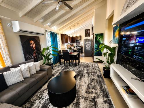a living room with a couch and a tv at The Surada Bay in Old Harbour