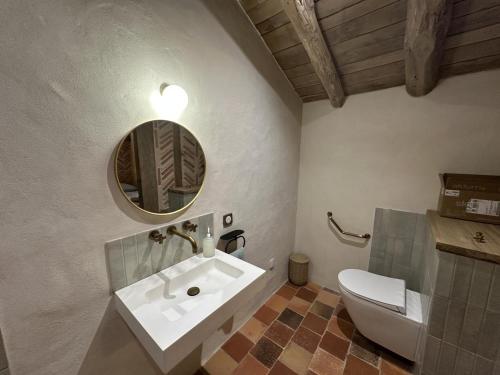 a bathroom with a sink and a toilet and a mirror at La landaise in Commensacq