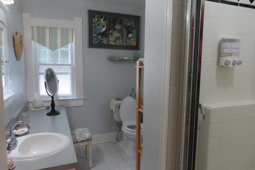 a bathroom with a sink and a toilet and a mirror at Terraluna Inn in Roseburg