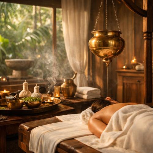 a woman laying in bed in a room with candles at Ayu Ayuruveda Villa in Ittapana