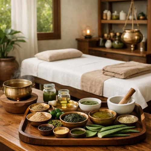 a tray of food on a table in a bedroom at Ayu Ayuruveda Villa in Ittapana