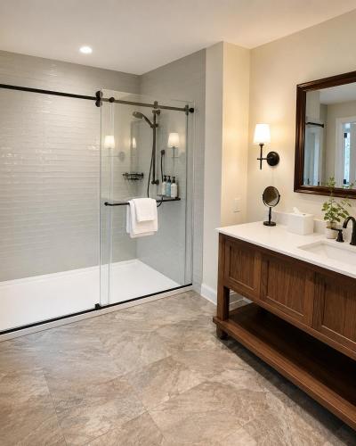 a bathroom with a shower and a sink at The Dillard House in Dillard
