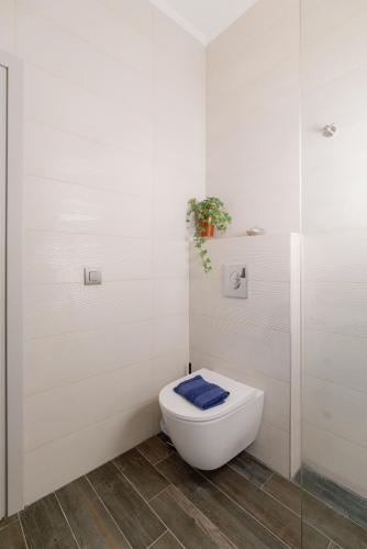 a bathroom with a toilet with a blue towel on it at Lithos Blue Agios Vasilios in Áyios Vasílios