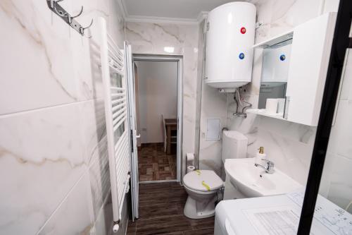 a white bathroom with a toilet and a sink at Mim's Home in Băile Herculane