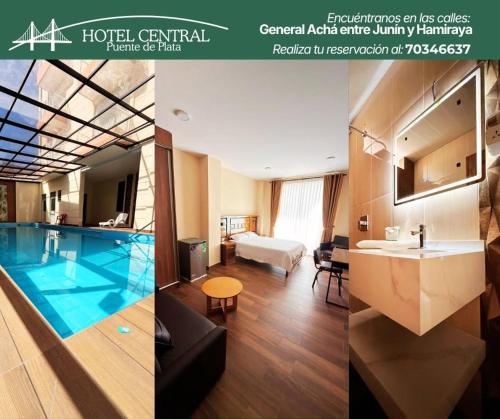 two pictures of a hotel room with a swimming pool at Hotel Central in Cochabamba