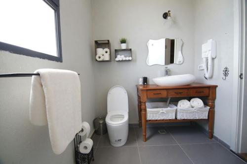 a bathroom with a sink and a toilet in it at Cozy modern apartment in Hadera in H̱adera