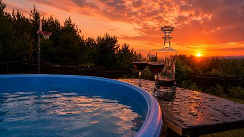 a bottle of wine and two glasses of wine at Bellevue Beam House in Covasna