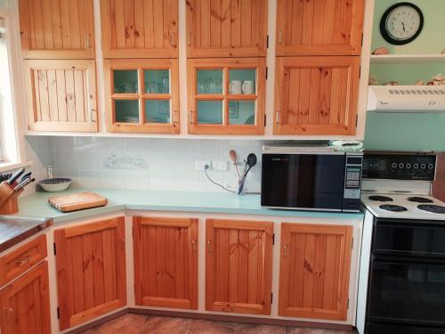 a kitchen with wooden cabinets and a microwave at Beach Break in Tathra