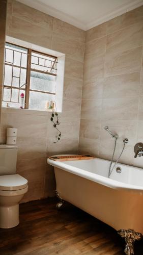 a bathroom with a white tub and a toilet at De Mist Graskop in Graskop