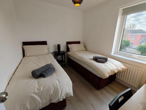 two beds in a room with a window at Pet-Friendly Home with Secure Garden nr Beamish in Birtley