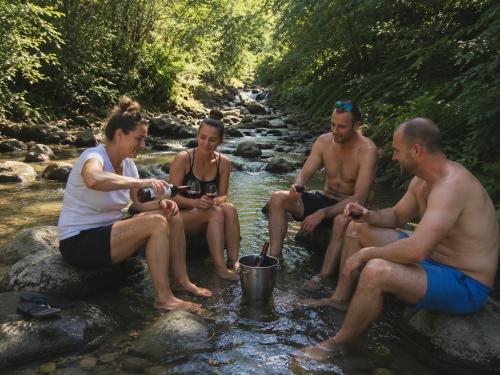a group of people sitting on rocks in a river at Forest Hide Tiny House in Covasna