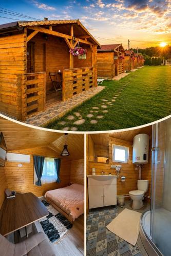 two pictures of a log cabin with a bathroom at Casa Fericirii in Cârțișoara
