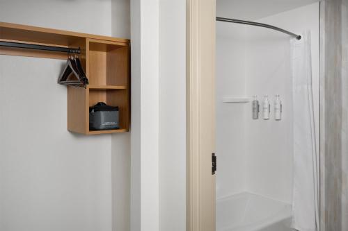 a bathroom with a shower and a white door with a shower at Hampton Inn by Hilton Odessa in Odessa