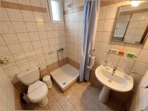 a bathroom with a toilet and a sink and a shower at Des Roses Hotel in Platanias