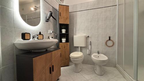 a bathroom with a sink and a toilet and a mirror at La Casina - Centro Colere - 600mt dagli impianti in Colere