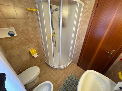 a bathroom with a shower and a toilet and a sink at Villa Dosso Fiorito in Lignano Sabbiadoro