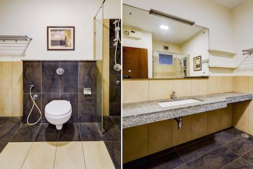 two pictures of a bathroom with a toilet and a sink at RG Suites - Royapettah in Chennai