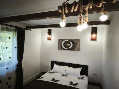 a bedroom with a bed and a window and lights at Bunătăți din Retezat in Nucşoara