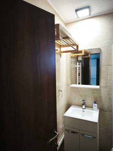 a bathroom with a sink and a mirror at Bunătăți din Retezat in Nucşoara
