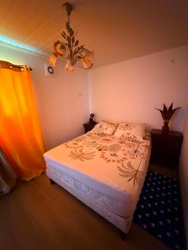 a bedroom with a bed with a curtain and a chandelier at Le petit meublé des hauts in Grande Ravine