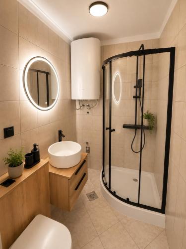a bathroom with a shower and a toilet and a sink at Apartments & Rooms Prižmić in Podstrana