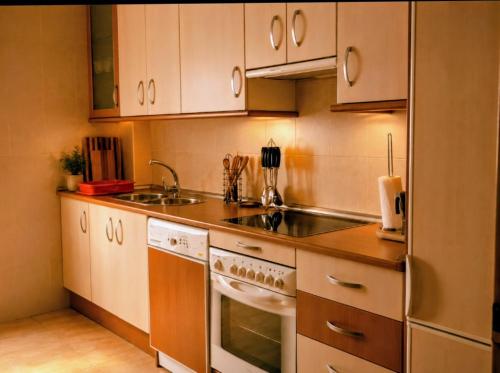 a kitchen with a sink and a stove top oven at Apartamento Turistico San Cristobal in Plasencia