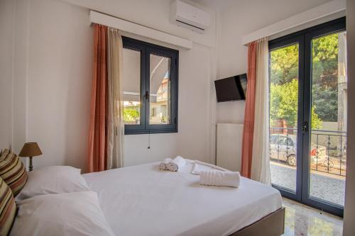 a bedroom with two beds and a large window at Grimihome 2 in Filiatra