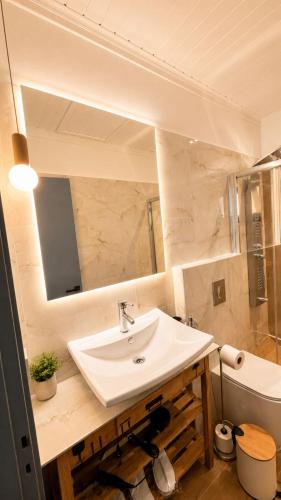 a bathroom with a sink and a mirror and a tub at Thelxis Room in Nydri