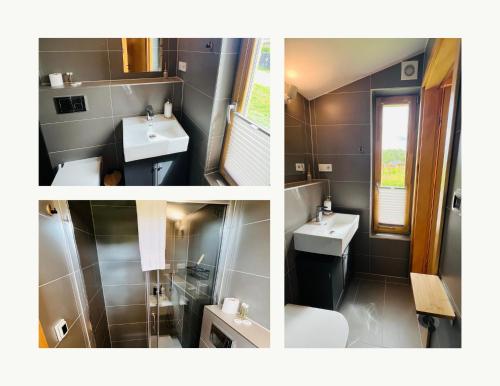 three pictures of a bathroom with a sink and a toilet at 206 The tiny "Office" House in Bleckede