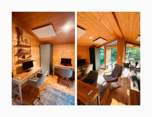 two pictures of a room with a desk and chairs at 206 The tiny "Office" House in Bleckede