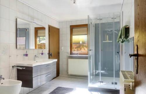 a bathroom with a shower and a sink and a tub at Gemütliche Wohnung am Main 1 in Gemünden