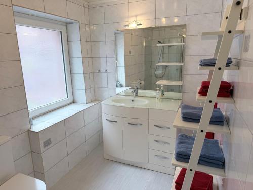 a bathroom with a sink and a mirror and a ladder at Ferienwohnung am Binnensee 2 in Heiligenhafen