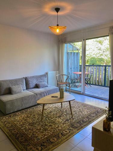 a living room with a couch and a table at Labenne beach apartment in Labenne