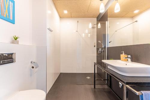 a bathroom with a sink and a toilet and a shower at Apartamenty Zieleniec in Duszniki Zdrój