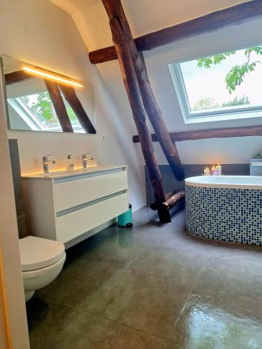 a bathroom with a toilet and a sink and a tub at Hof van Eden in Ophemert