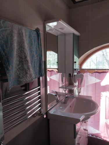 a bathroom with a sink and a mirror and a window at İsmayıllı bağ evi in İkinci Yeniyol