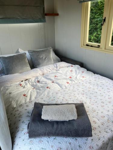 a bed with a blanket on it with a window at Arcadia Shepherds Hut in Ashwater