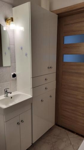 a bathroom with a sink and a mirror and a door at Apartament nad Soliną in Polańczyk