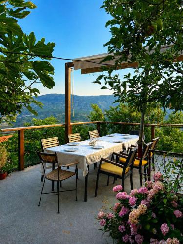 a table and chairs on a patio with a view at Ostrog Wood House in Železnička Stanica Dabovići
