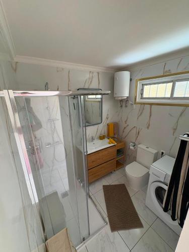 a bathroom with a shower and a toilet and a sink at Nice Studio Apartment with Ocean View in Arguineguín