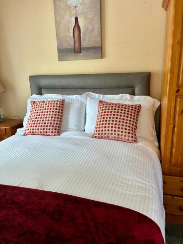 a bed with two red pillows on top of it at Padoro Lodge in Kildare