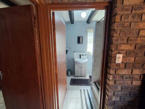 a bathroom with a sink and a toilet at Bushveld Bliss in Marloth Park