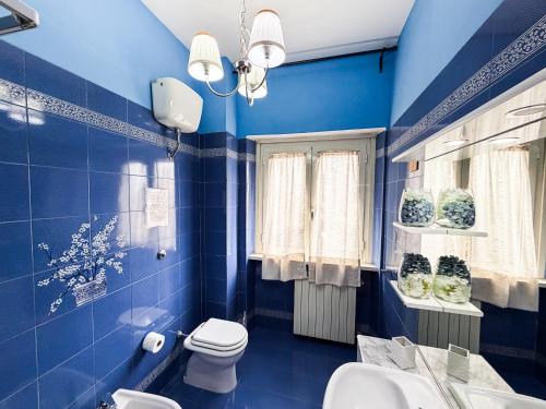 a blue bathroom with a toilet and a sink at Le3sorelle in Monterosi