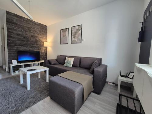 a living room with a couch and a tv at Studio Apartman 47A in Valjevo