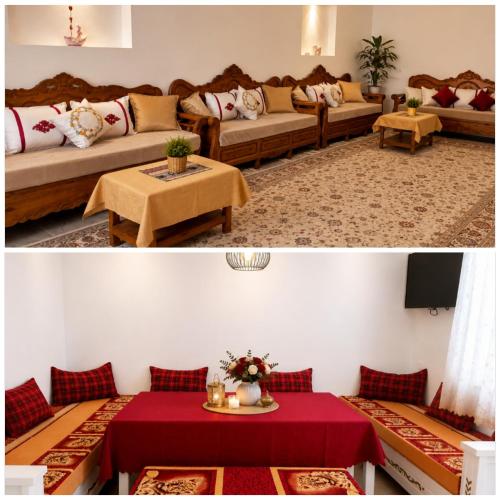 two pictures of a living room with couches and tables at Your Peaceful Retreat in Kelibia