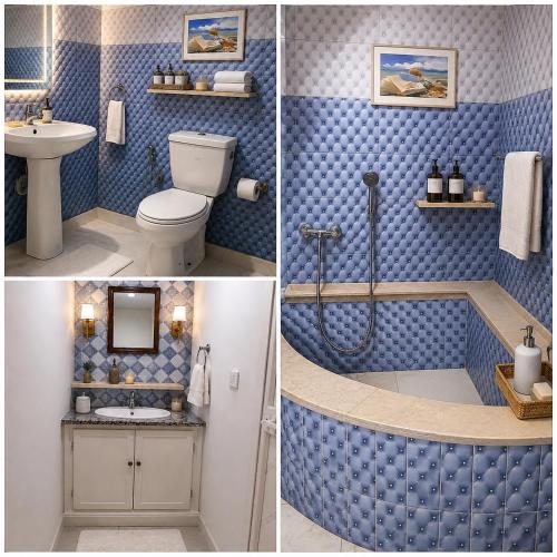 three pictures of a bathroom with a toilet and a shower at Your Peaceful Retreat in Kelibia