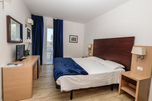 a hotel room with a bed and a desk and a window at Hotel Giardino d'Europa in Rome